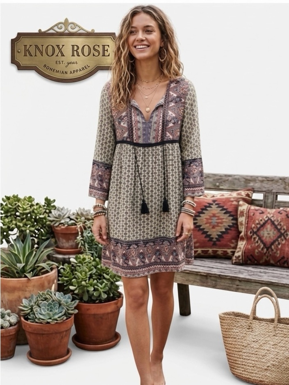 Knox Rose Boho Bell Sleeve Dress Extra Small